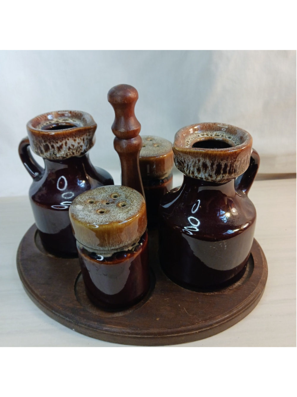 VTG Brown Drip Glaze Salt Pepper Lazy Susan Oil Vinegar Cruet Set No Lids